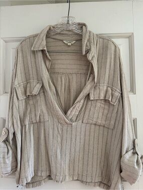 Max Studio Beige Striped Button-Front Knit Top